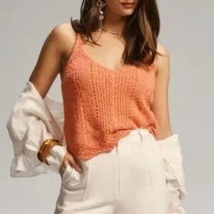 Anthropologie V-Neck Pointelle Knit Sweater Tank Top Boho in Coral Peach L, NWT